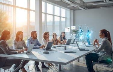 Human professionals collaborating with AI agents around a modern workspace table