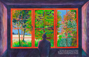 a man standing in front of a window with a view of a tree