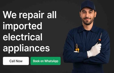 Technician with tools beside text about imported appliance repair.