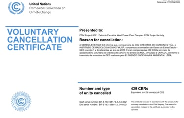 Official United Nations UNFCCC Voluntary Cancellation Certificate for carbon credits from a wind power project.