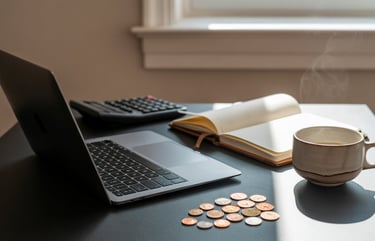 Laptop and coins symbolizing financial freedom through investing and make money online