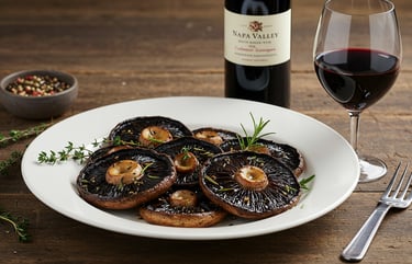 a plate of mushrooms and wine in a white plate