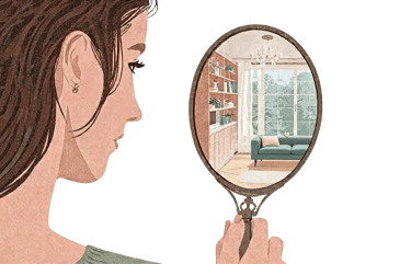 Femme observant dans un miroir le reflet de sa maison – illustration du coaching Feng Shui “Ma maiso
