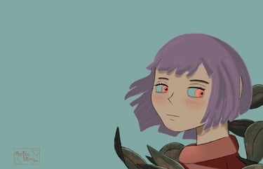 A young purple-haired girl staring behind her.