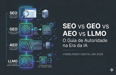 Diagrama comparativo de SEO, GEO, AEO e LLMO para visibilidade digital e autoridade em IA.