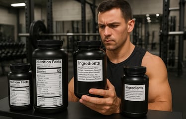 Fitness enthusiast examining protein supplement labels and ingredients in gym