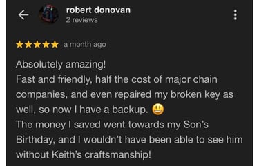 5 star Google review — Jack's Locksmith Burnsville NC, half the cost of chains, repaired broken key.