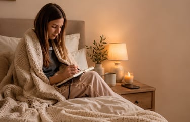 Woman journaling in bed during a calming bedtime routine