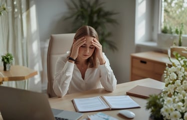 Woman sitting at her desk feeling mentally overwhelmed while stress affects her focus and memory.