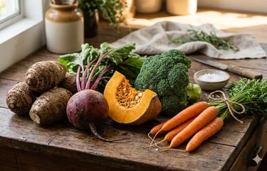 Vegetais orgânicos frescos, como cenouras, brócolis e beterrabas, sobre uma mesa rústica de madeira.