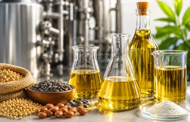 Golden vegetable oil in laboratory glassware next to raw soybeans and sunflower seeds.