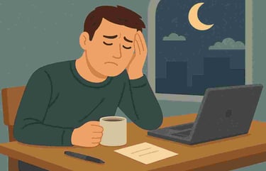 En nedstämd man som sitter med en kopp kaffe vid skrivbordet