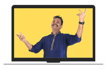 Music teacher singing on online class on laptop