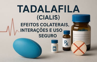 Frasco de tadalafila ao lado de estetoscópio e gráfico de ECG, capa de artigo médico"