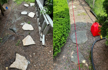 Before and after landscaping comparison of a garden pathway featuring natural flagstone stepping stones.
