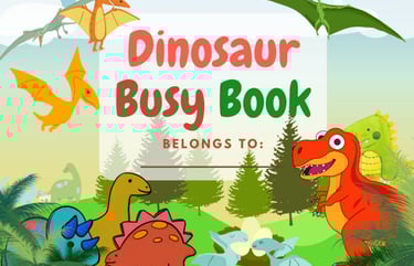 Colorful dinosaur busy book cover featuring a T-Rex and various dinosaurs in a prehistoric forest.