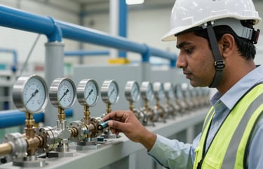 Close-up of a South Asian engineer in a hard hat and safety vest inspecting a water filtration system with digital gauges in an Indian industrial facility. The lighting is natural and bright, conveying precision. The background shows professional grey and blue equipment.