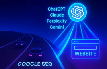  Illustration of AI like ChatGPT driving traffic to a website, moving beyond traditional Google SEO.