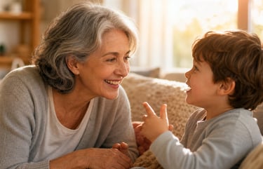 Avó sorrindo enquanto ouve seu neto contar história, reconexão familiar All Sounds
