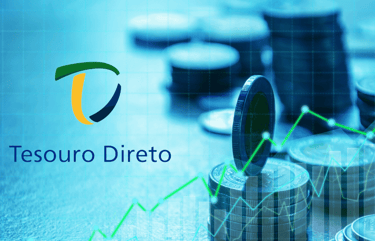imagem como nome Tesouro Direto com moedas ao fundo e gráficos com índice da bolsa de valores.