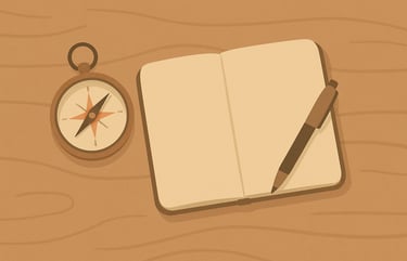 Brújula y cuaderno sobre mesa de madera, representando reflexión personal y búsqueda de claridad.