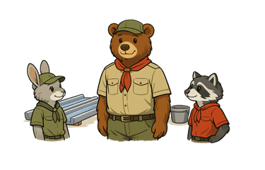 A bear scout leader speaking with two scouts near supplies.