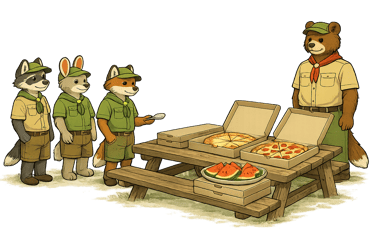 Scouts lining up for some pizza and water melon