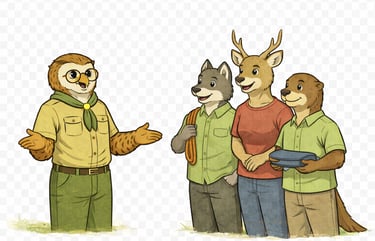 An owl scout leader speaking with three parents.