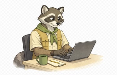 A raccoon scout leader typing on a laptop at a desk.
