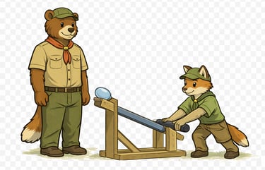 Scout launching water balloons toward distance targets.