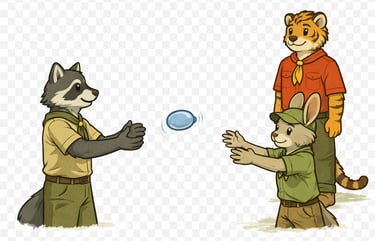 Two scouts tossing a water balloon and stepping back.