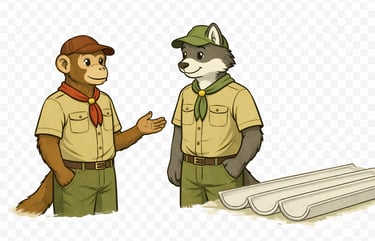 A scout leader standing beside event supplies on a table.