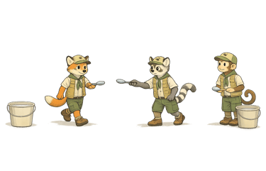 Scouts carrying water with spoons between two buckets.