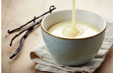 Thick vanilla custard being poured into a blue ceramic bowl next to fresh vanilla beans on a wooden table.