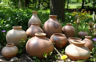 Various pieces of wild clay pottery, showcasing different shapes and textures