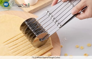 smart chef stainless steel 7-wheel adjustable pastry and dough cutter slicing raw dough strips.