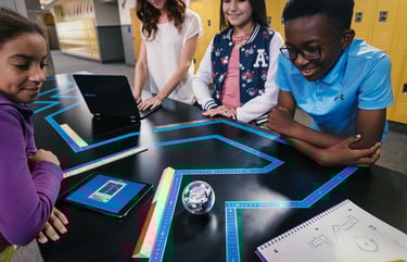 A transparent Sphero BOLT+ programmable robot ball showing its internal electronics and LED matrix.