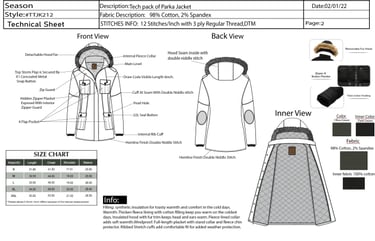 Detailed garment technical sheet showing front, back, and inner views with fabric specifications and
