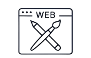 Ícono lineal de una ventana de navegador web con un pincel y un lápiz cruzados