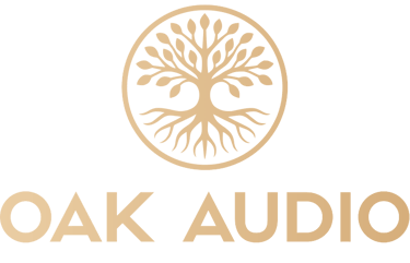 Gold Oak Audio logo featuring a circular tree of life icon with roots and branches on a black background.