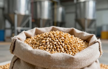 Macro shot of golden wheat grains overflowing from a canvas sack inside a clean modern grain elevator facility, dramatic side lighting.