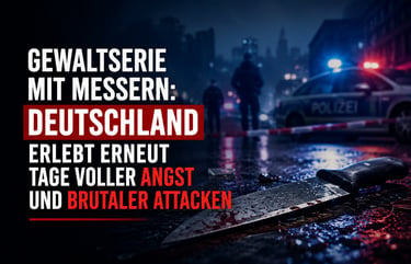 Bloody knife at a crime scene in Germany with police cars and news text about a series of attacks.