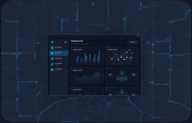 A high-tech SaaS dashboard user interface mockup.