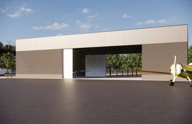 Hangar para aeronaves agrícolas com pátio de descontaminação de pulverizadores