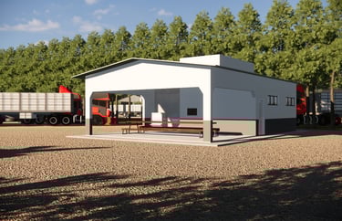 Estrutura com sanitários e espaço de descanso para motoristas de caminhão