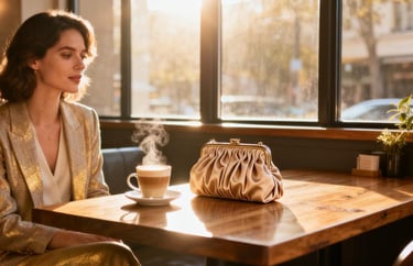A woman in a café using a custom pouch, showcasing how a GWP becomes a brand's silent ambassador.