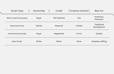 White-Label Screenplays vs. Other Script Types Table