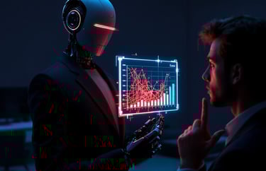 Un robot con traje presenta un plan de negocios erróneo a una persona que lo mira con escepticismo..