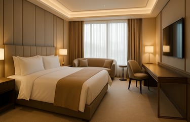 High-end hotel room with custom furniture, part of BRB Engineering’s work in the hospitality sector