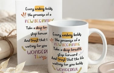 Inspirational white ceramic coffee mug and matching card with a motivational quote about new beginnings.